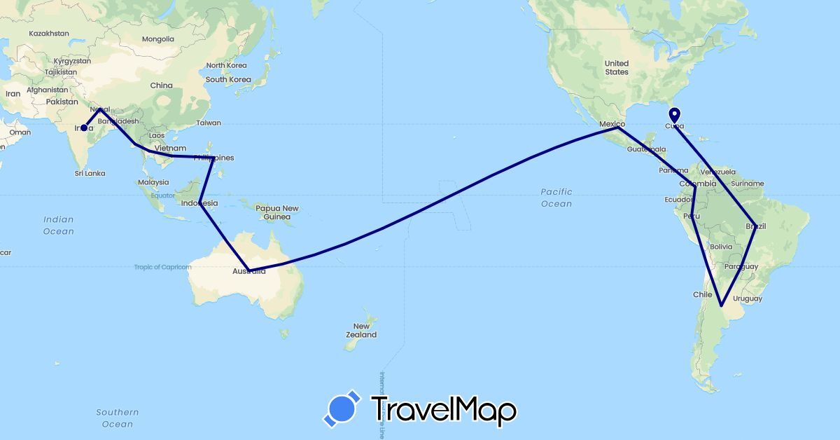 TravelMap itinerary: driving in Argentina, Australia, Brazil, Colombia, Cuba, Indonesia, India, Myanmar (Burma), Mexico, Nepal, Peru, Philippines, Paraguay, Thailand, Vietnam (Asia, North America, Oceania, South America)